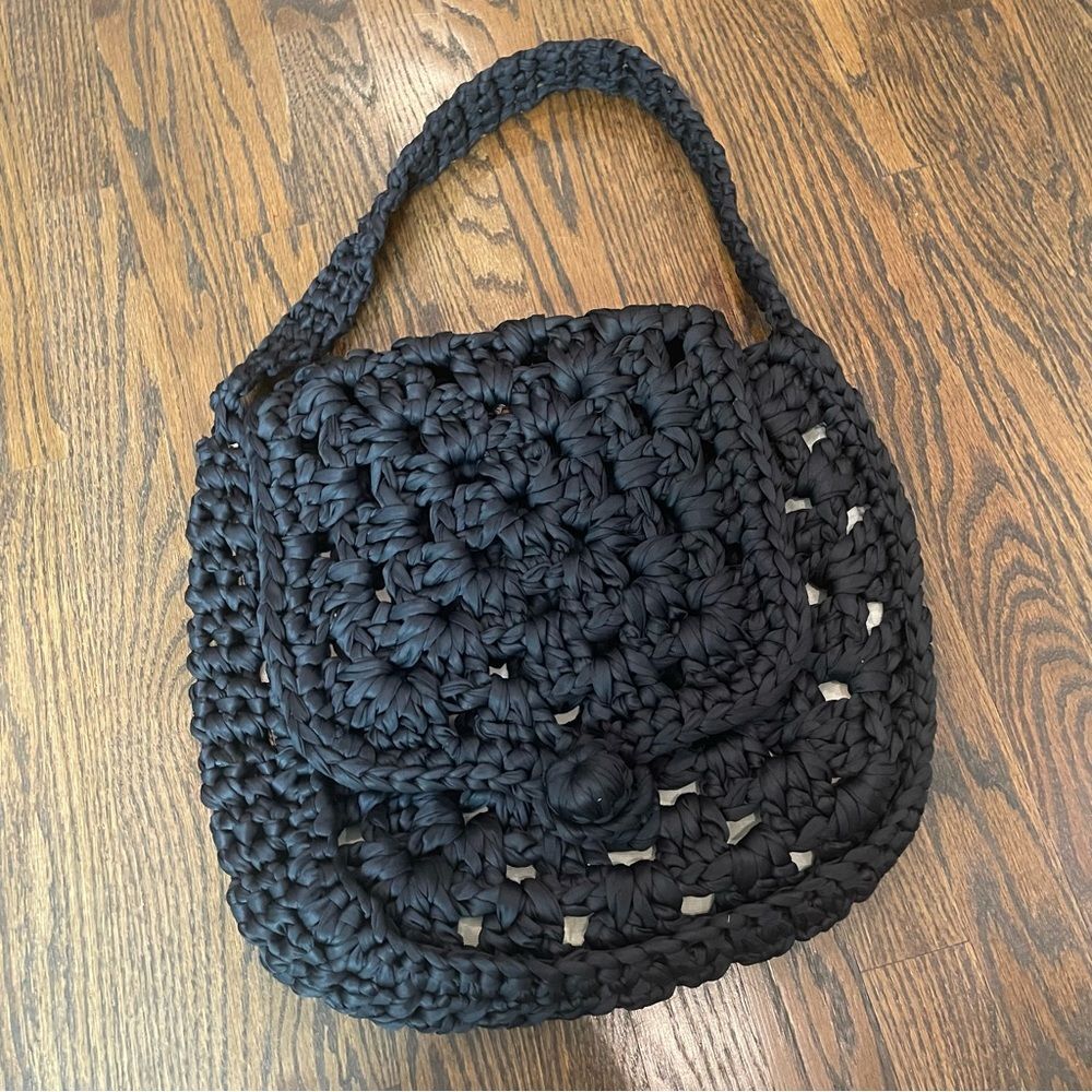 VINTAGE Black Satin Ribbon Woven Round Messenger Shoulder Bag
